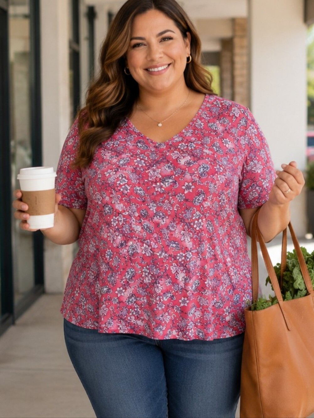 J Jill Pink Floral Pima Slub Elbow Sleeve Tee. In EUC - Picture 1 of 4